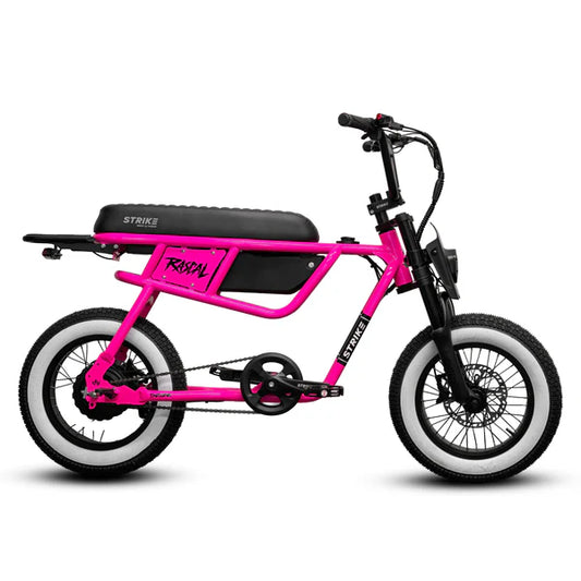 Hot pink eBike Strike Rascal electric bicycle, side view, against a white background
