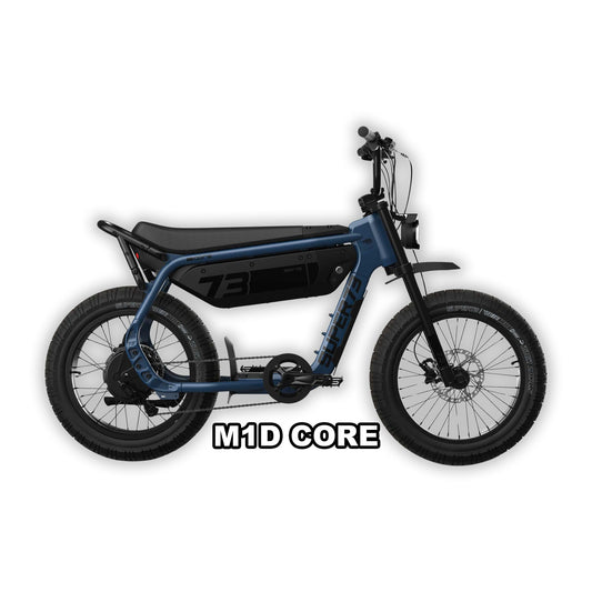 Super73 M1D Core eBike in Slate color, shown inside its original packaging box