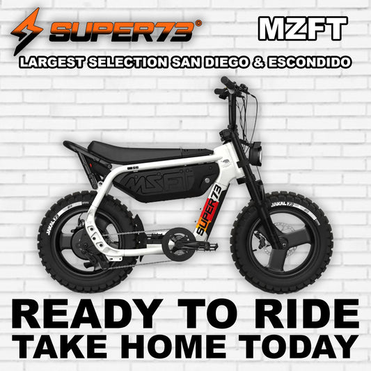 Super73 MZFT SE eBike in R2R Baja color, side view, parked on pavement