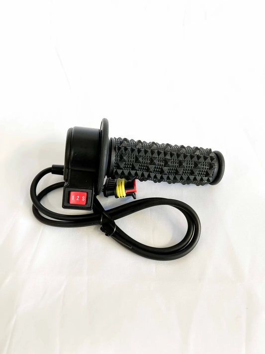 A 2025 ETM RTR eBike throttle, shown in close-up, highlighting its ergonomic grip and integrated control buttons.
