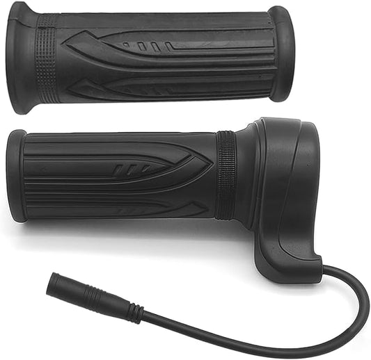 Black full twist throttle for eBike, product image showing handlebar-mounted throttle with wiring attached.