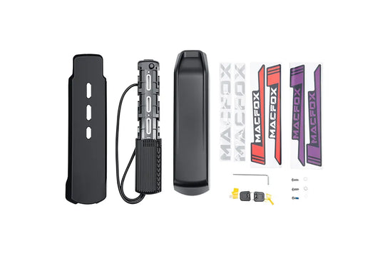 Macfox X1S M16 Dual Battery Upgrade Kit for eBike, showing two batteries and connection components on a white background.