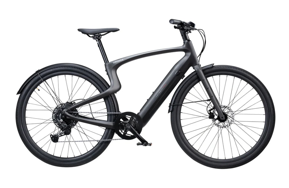 Matte black Urtopia Carbon 1 Pro eBike side view, showcasing sleek carbon fiber frame and modern design.
