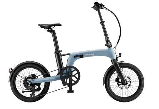 Blue Urtopia Carbon Fold 2 eBike, side view, folded, on a white background