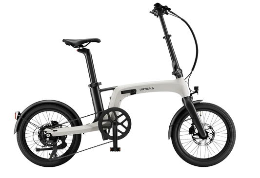 A cream-colored Urtopia Carbon Fold 2 eBike shown folded, highlighting its lightweight carbon frame and compact design.