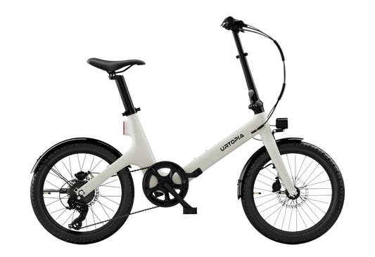 Urtopia Carbon Fold Step Thru eBike in creme color, side view, folded position, showcasing lightweight carbon frame and compact design.