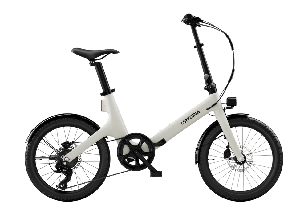 Urtopia Carbon Fold Step Thru eBike in creme color, shown folded with lightweight carbon frame and step-through design.
