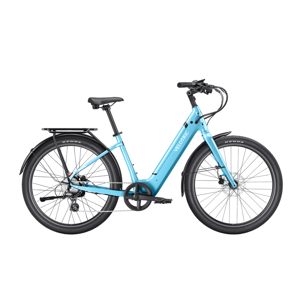 Velotric Breeze 1 eBike in Ocean Mist color, side view, against a plain background
