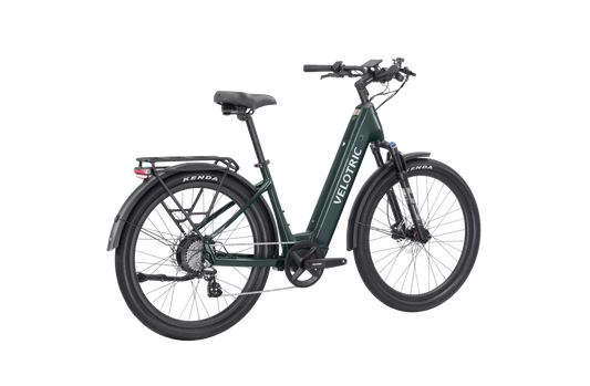Velotric Discover 2 eBike in Pine Green color, shown in its box with packaging, product image highlighting the in-box presentation.