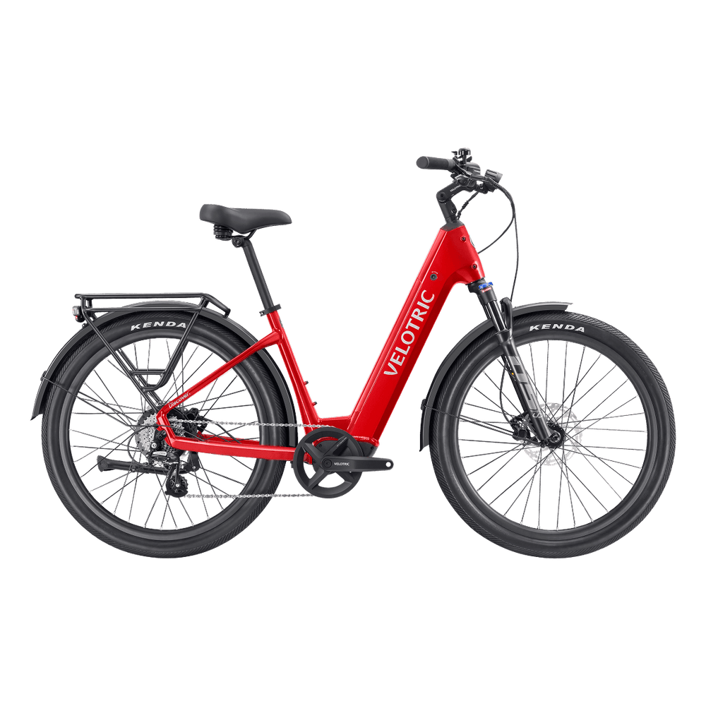 Velotric Discover 2 electric bike in Cherry Crimson color, side view, against a white background