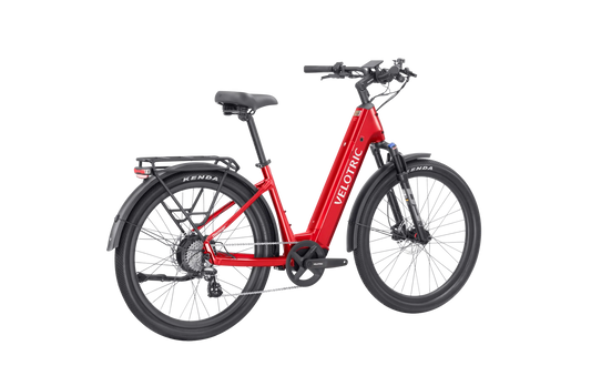 Velotric Discover 2 electric bike in Cherry Crimson color, side view, showcasing step-through frame and integrated battery