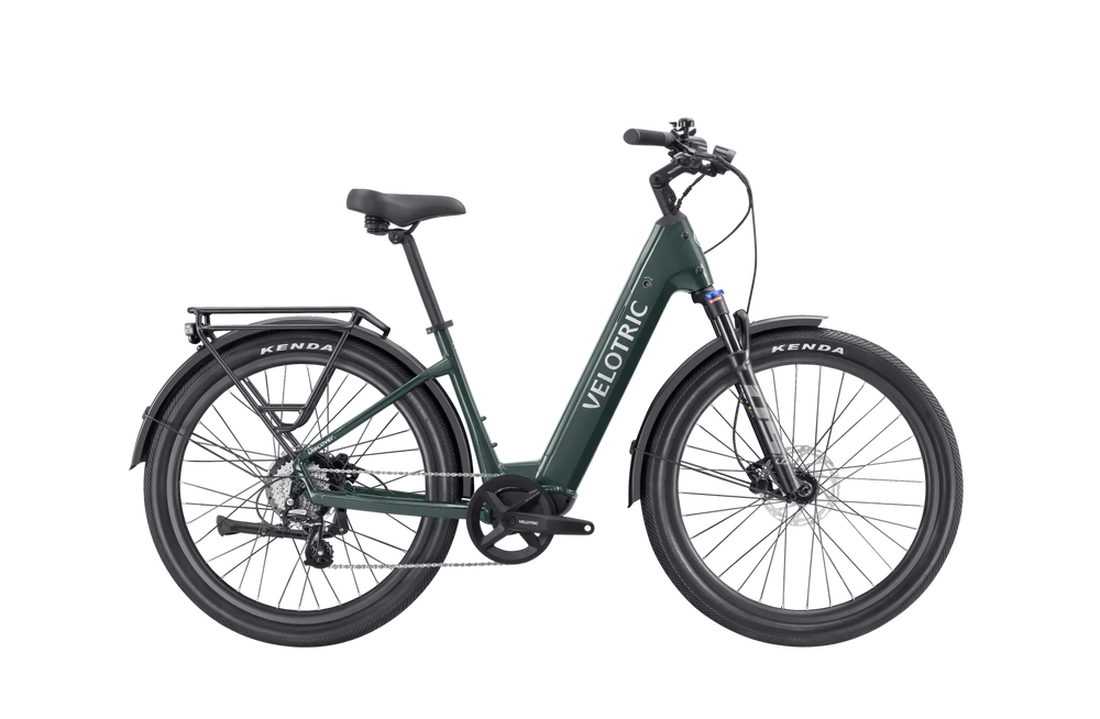 Velotric Discover 2 electric bike in pine green, side view, against a white background