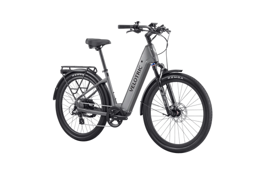 Velotric Discover 2 electric bike in Stone Gray color, side view, displayed against a plain background.