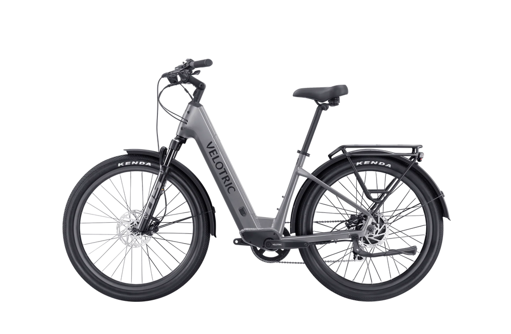 Velotric Discover 2 electric bike in Stone Gray, side view, against a plain background