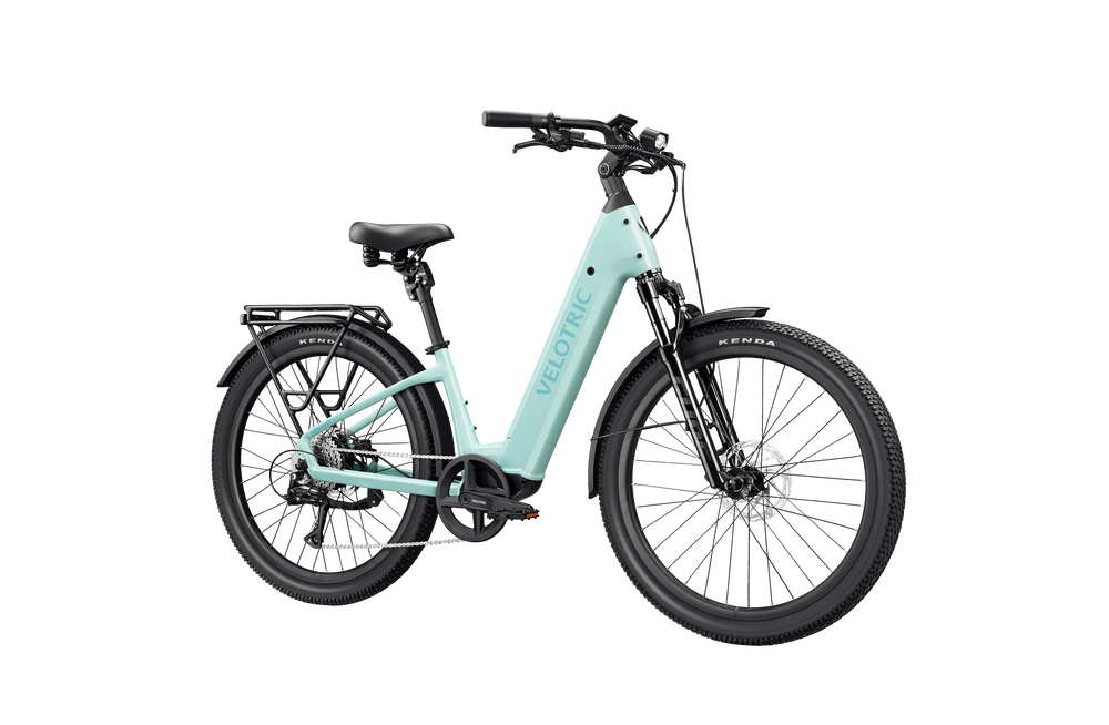 Mint green Velotric Discover 3 eBike in regular size, shown in its original box packaging.
