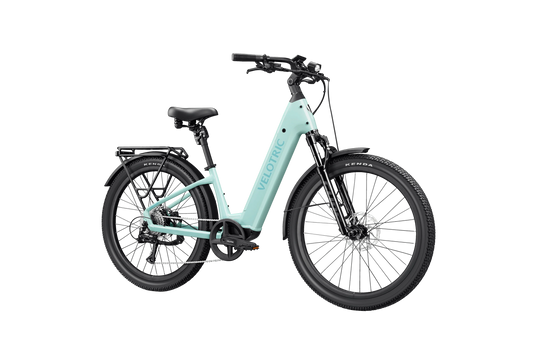 Mint green Velotric Discover 3 eBike in regular size, shown in its original box packaging.