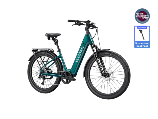 Emerald green Velotric Discover 3 eBike side view, showcasing step-through frame, battery, and rear rack