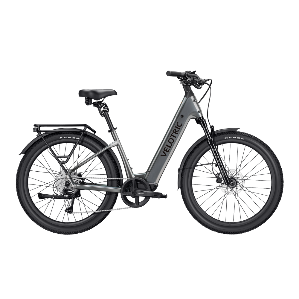 Stone gray Velotric Discover 3 electric bike side view against a white background