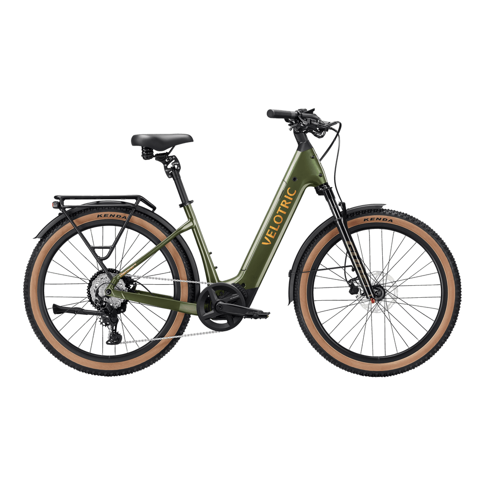 Velotric Discover M eBike in Olivine Green, side view, showcasing frame, wheels, and battery.