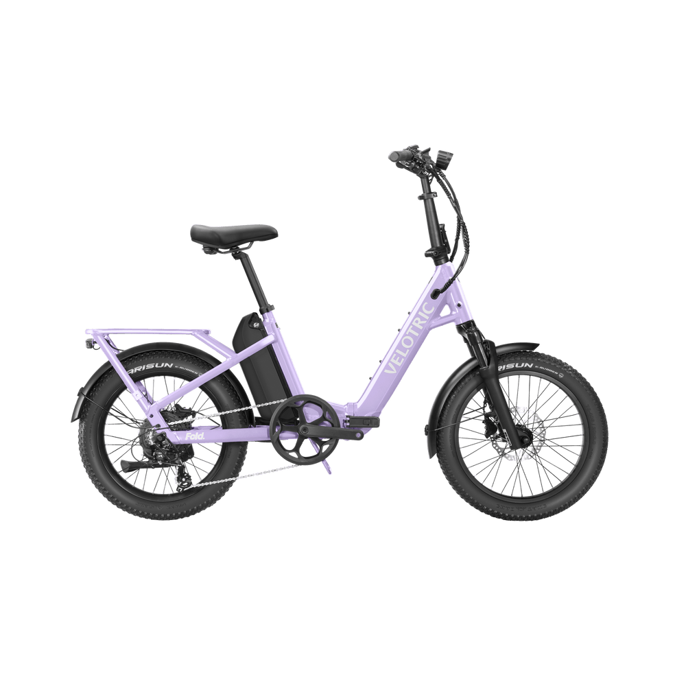 Velotric Fold 1 Plus electric bike in Violet Haze color, folded for compact storage, shown against a plain background.