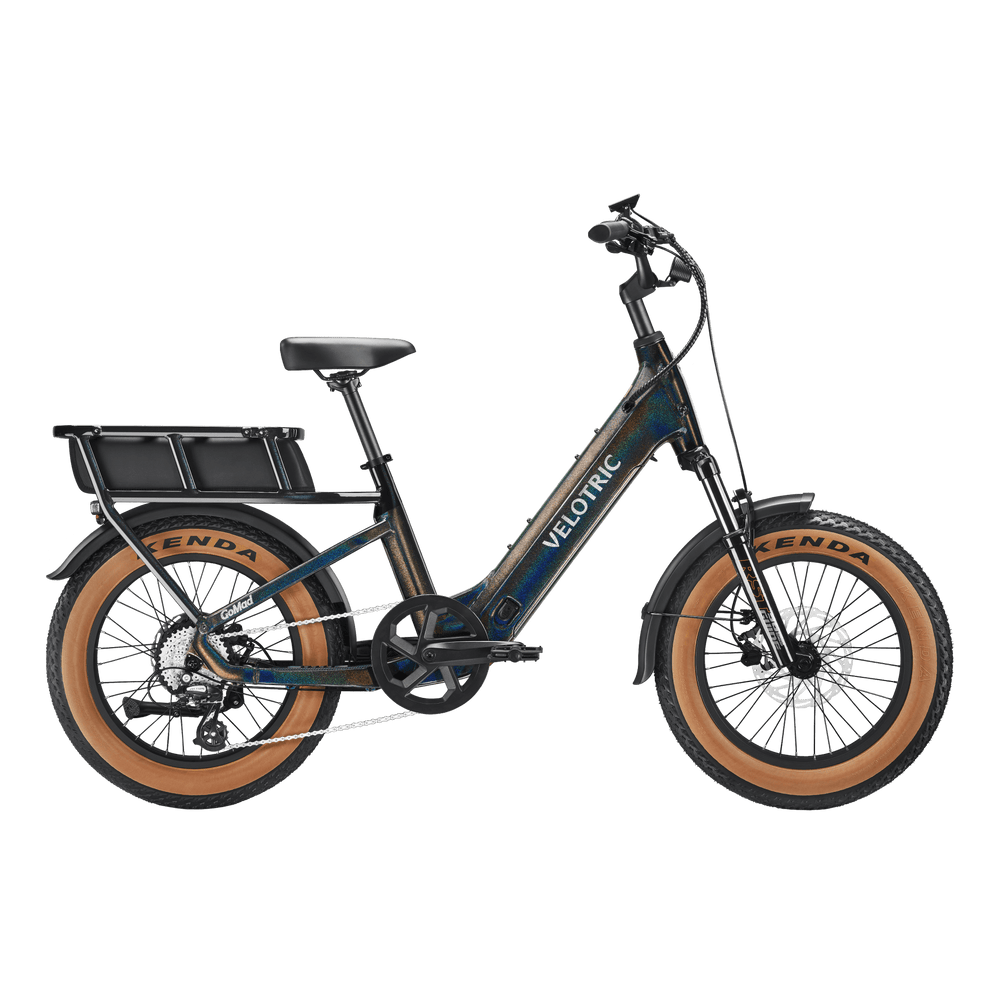 Obsidian black Velotric GoMad eBike side view, showcasing sturdy frame, thick tires, and integrated battery.