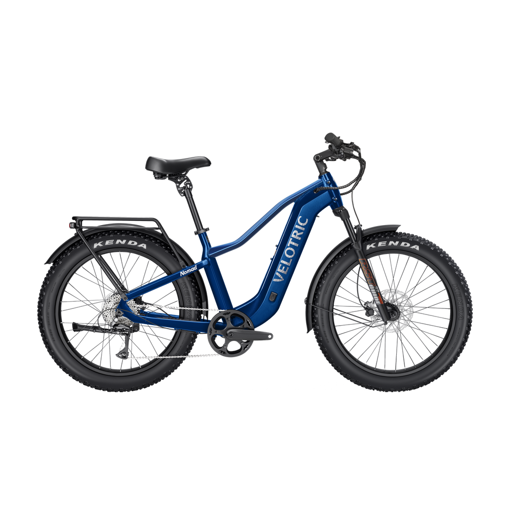 Velotric Nomad 2 eBike in Midnight Blue, high step frame, side view, studio background