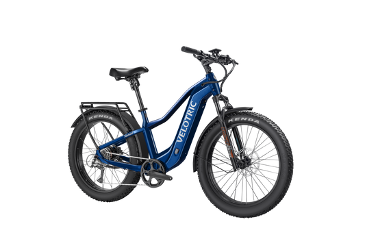 Velotric Nomad 2 eBike in Midnight Blue, high-step frame, side view, isolated on white background