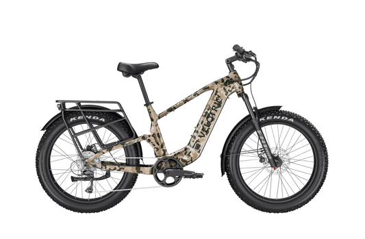 Velotric Nomad 2X High Step eBike in multi-terrain camo color, shown from the side with rugged tires and sturdy frame, designed for off-road and urban riding.