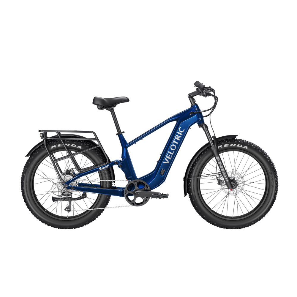 Royal blue Velotric Nomad 2X High Step eBike, side view, against a white background
