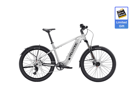 Velotric Summit 2 electric mountain bike in Glacial Silver, side view, against a white background