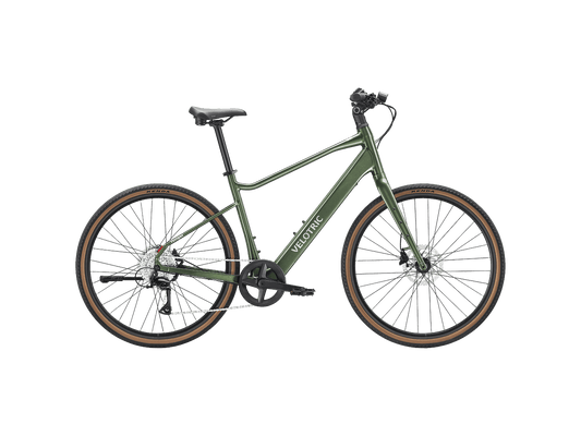 Velotric Tempo High Step eBike in Forest Evergreen color, side view, displayed outdoors