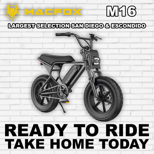 Black Macfox M16 electric bike side view, showcasing rugged frame, thick tires, and minimalist design against a plain background.