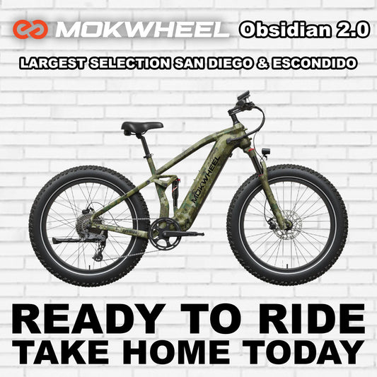 Mokwheel Obsidian 2.0 eBike in Jungle Camo color, side view, showcasing rugged frame and fat tires