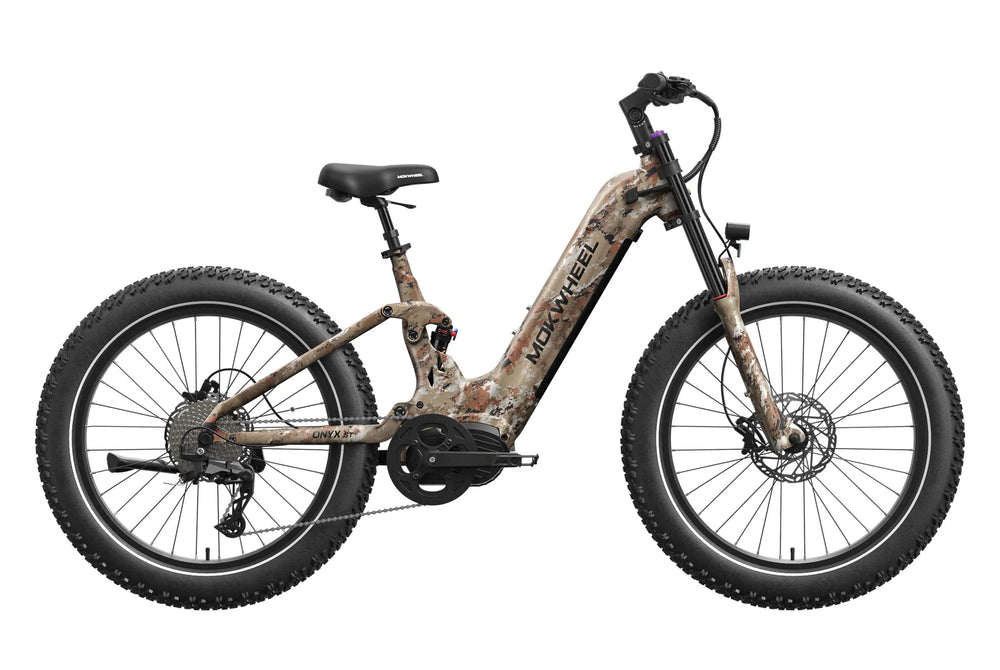 Electric bike Mokwheel Onyx ST in Desert Camo color, side view, displayed on a white background.
