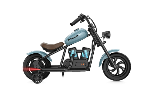 Blue eMOTO Hyper Gogo Challenger 12 Plus electric bike with training wheels, side view