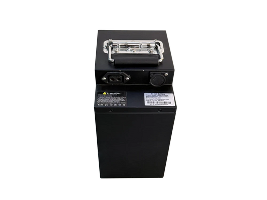 Close-up view of the eMOTO Yozma IN 10 Pro battery part, showing the battery's label, connectors, and casing design.