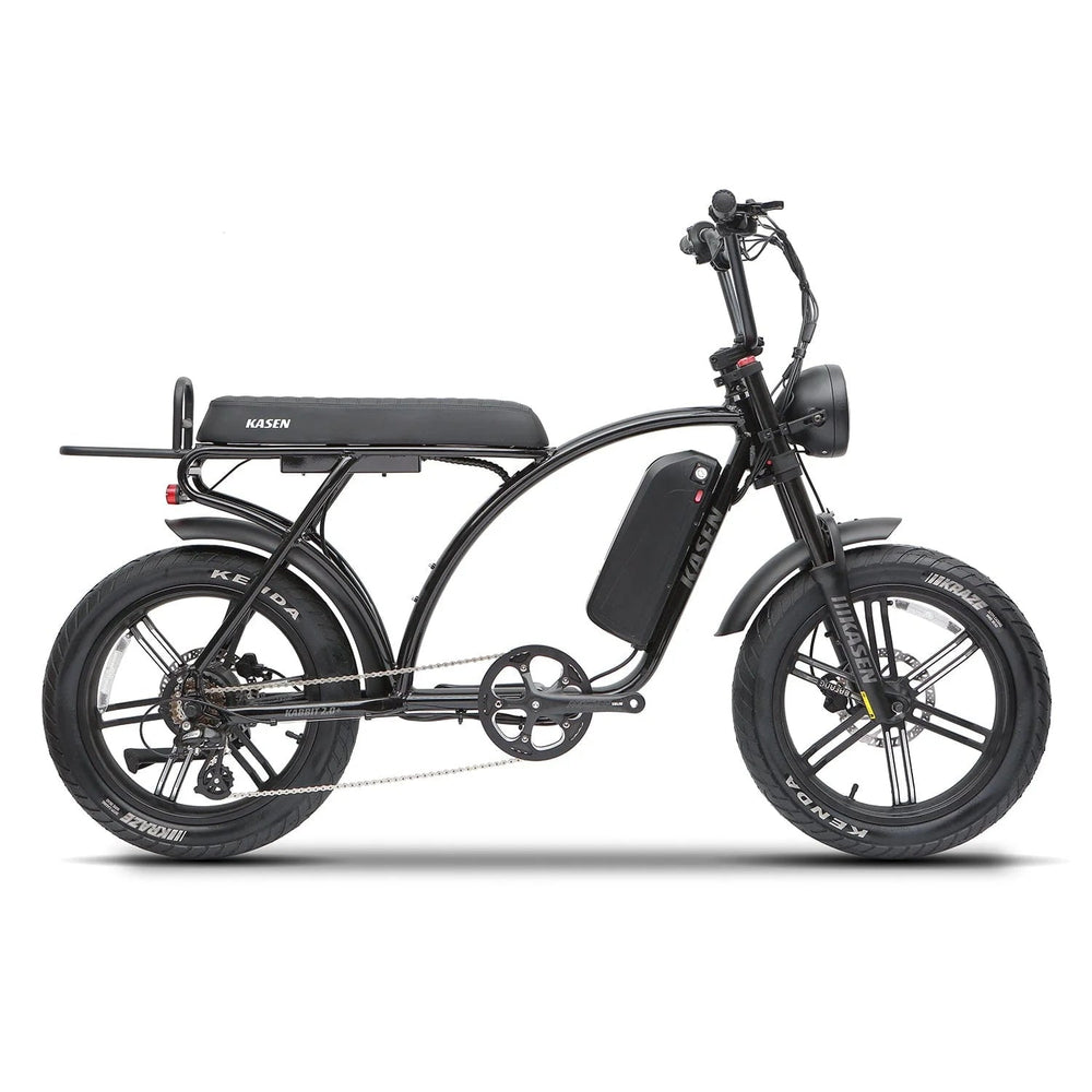 Black eMOTO eBike Kasen Kabbit 2.0 Plus, Ready to Ride model, shown in side profile with 15AH and 20AH battery options