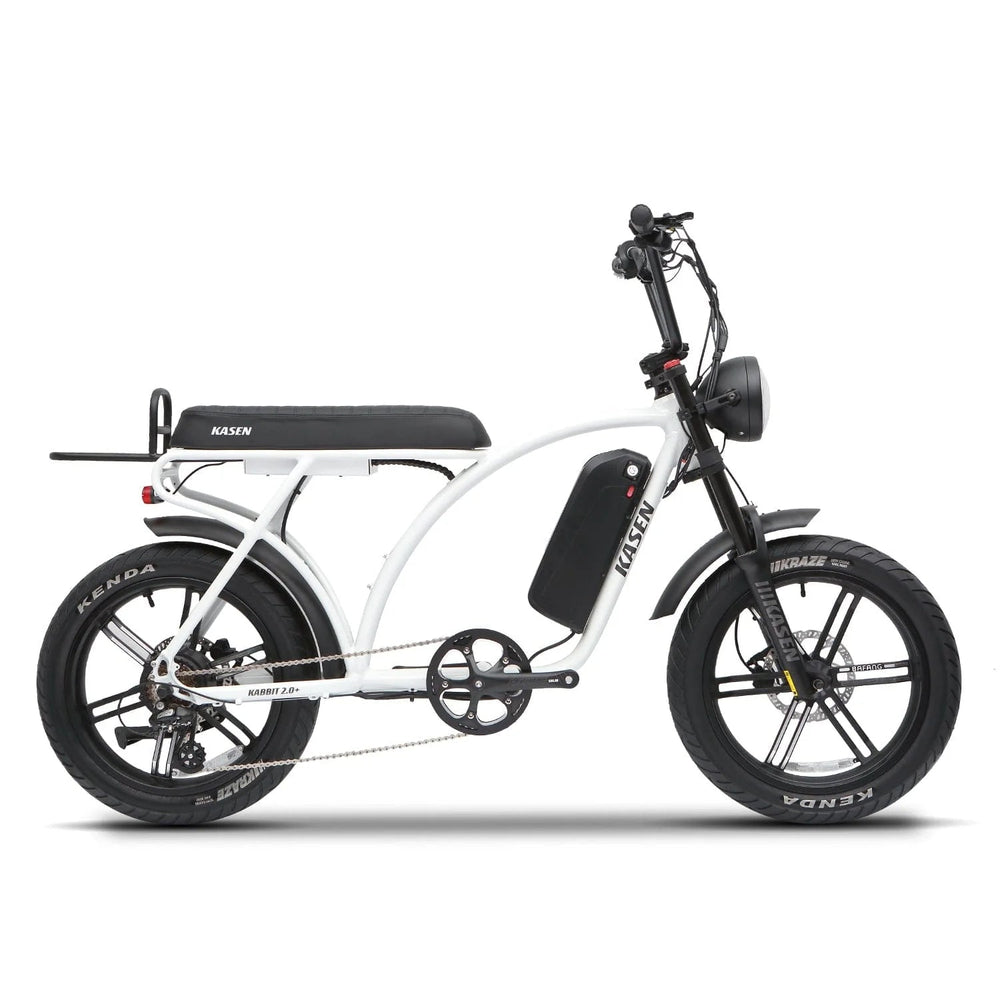 White eMOTO eBike Kasen Kabbit 2.0 Plus, Ready to Ride model, shown from the side with 15AH and 20AH battery options