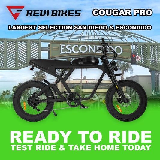 Black eMOTO eBike Revi Cougar Pro, side view, ready to ride, product image with model number 810206242360