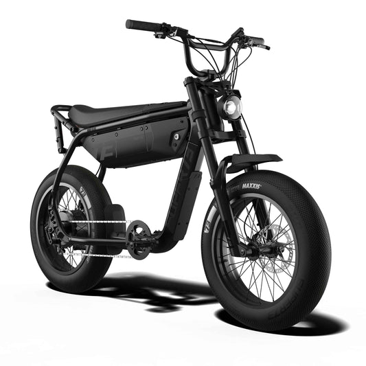 Super73 B1G SE eMOTO eBike in Blackout color, shown inside its original box with packaging materials.