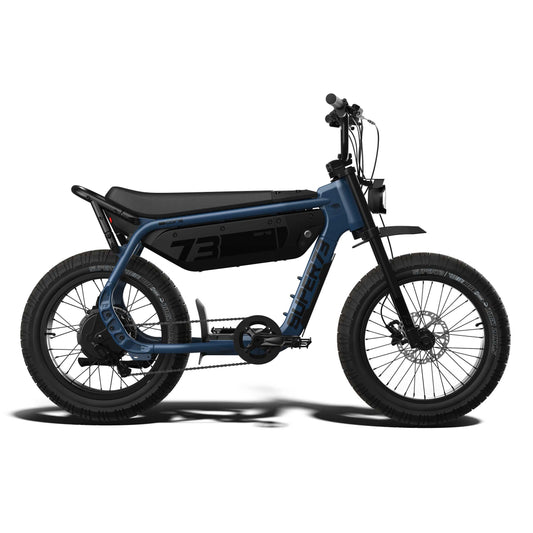 Side view of the Emoto eBike Super73 M1D in black, displayed in a showroom setting, highlighting its frame, tires, and battery.
