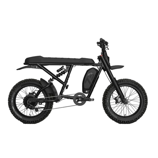 Side view of the EMoto eBike Super73 R Adventure Series SE in black, displayed in a showroom setting, highlighting its rugged tires and sturdy frame.