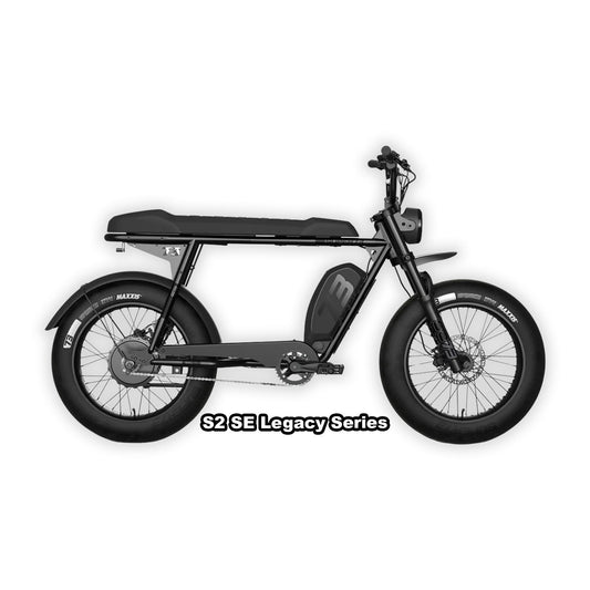 Super73 S2 SE eMOTO eBike in Blackout color, shown in its original packaging inside the box
