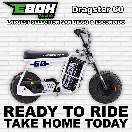 White eMOTO Ebox Dragster 60 electric bike, side view, against a plain background