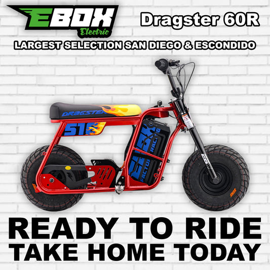 Red eMOTO Ebox Dragster 60 R electric motorcycle, side view, on a white background