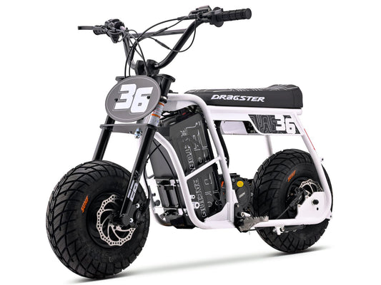 White eMOTO Ebox Dragster 60 R electric motorcycle, side view, on a plain background