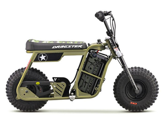 eMOTO EBOX Dragster electric bike in khaki color, side view, isolated on white background