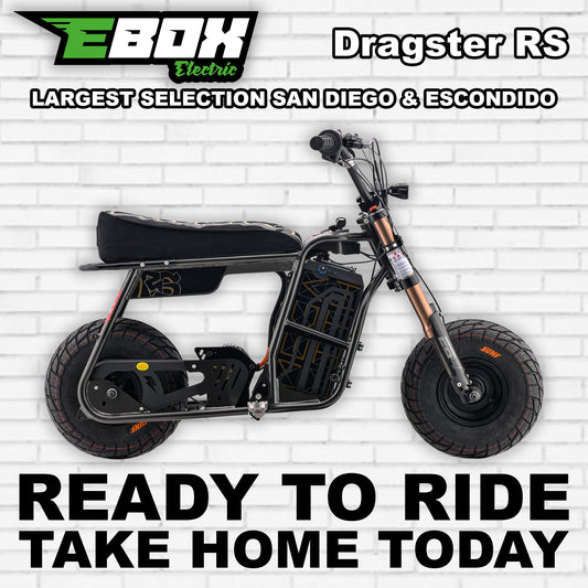 eMOTO Ebox Dragster RS electric bike in black, side view, displayed against a white background