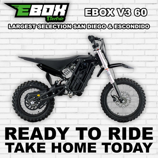 Black eMOTO Ebox V3 60 electric bike, side view, against a white background