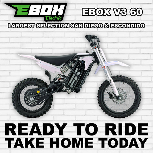 White eMOTO Ebox V3 60 electric bike, side view, displayed on a plain background.